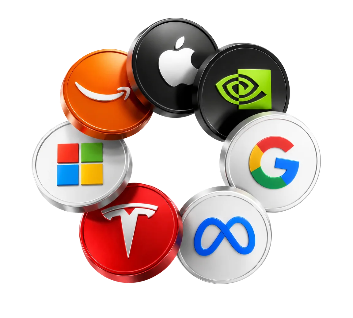 Coins with the Apple, Nvidia, Google, Meta, Tesla, Microsoft and Amazon logos