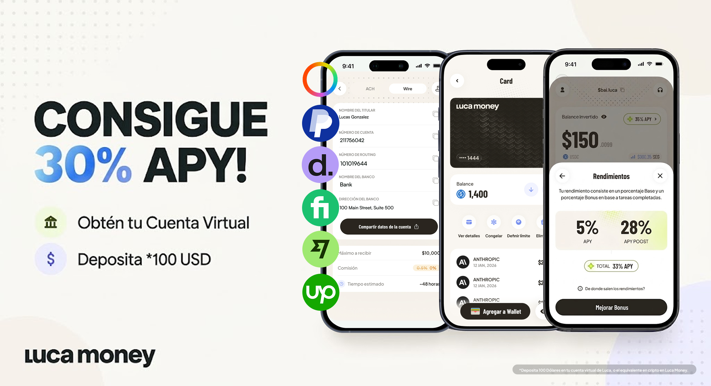 Consigue 30% APY - Deposita 100 USD en tu cuenta virtual de Luca Money